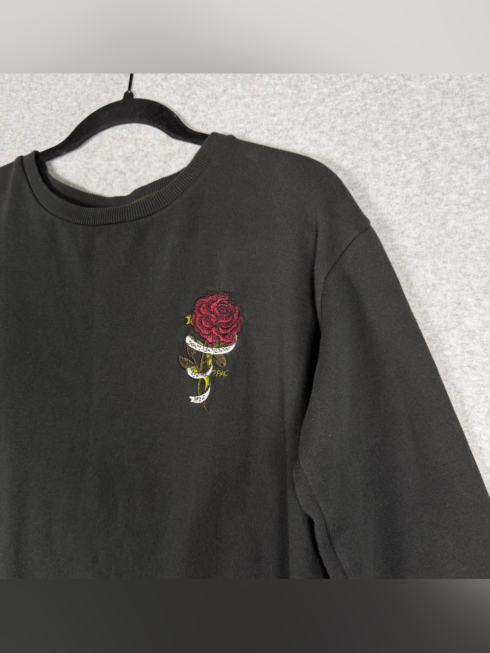 Black Crewneck Sweatshirt with Embroidered Red Rose